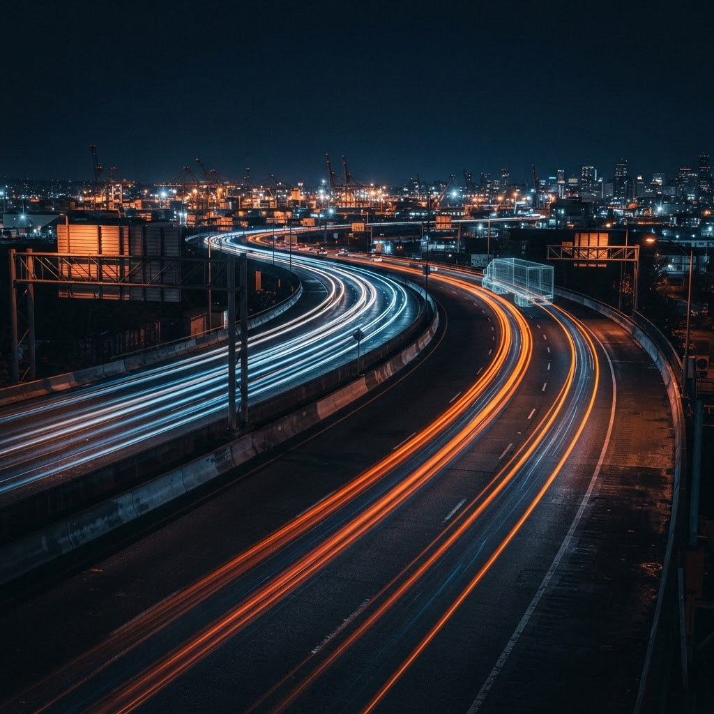 Long-exposure highway light trails representing global logistics networks