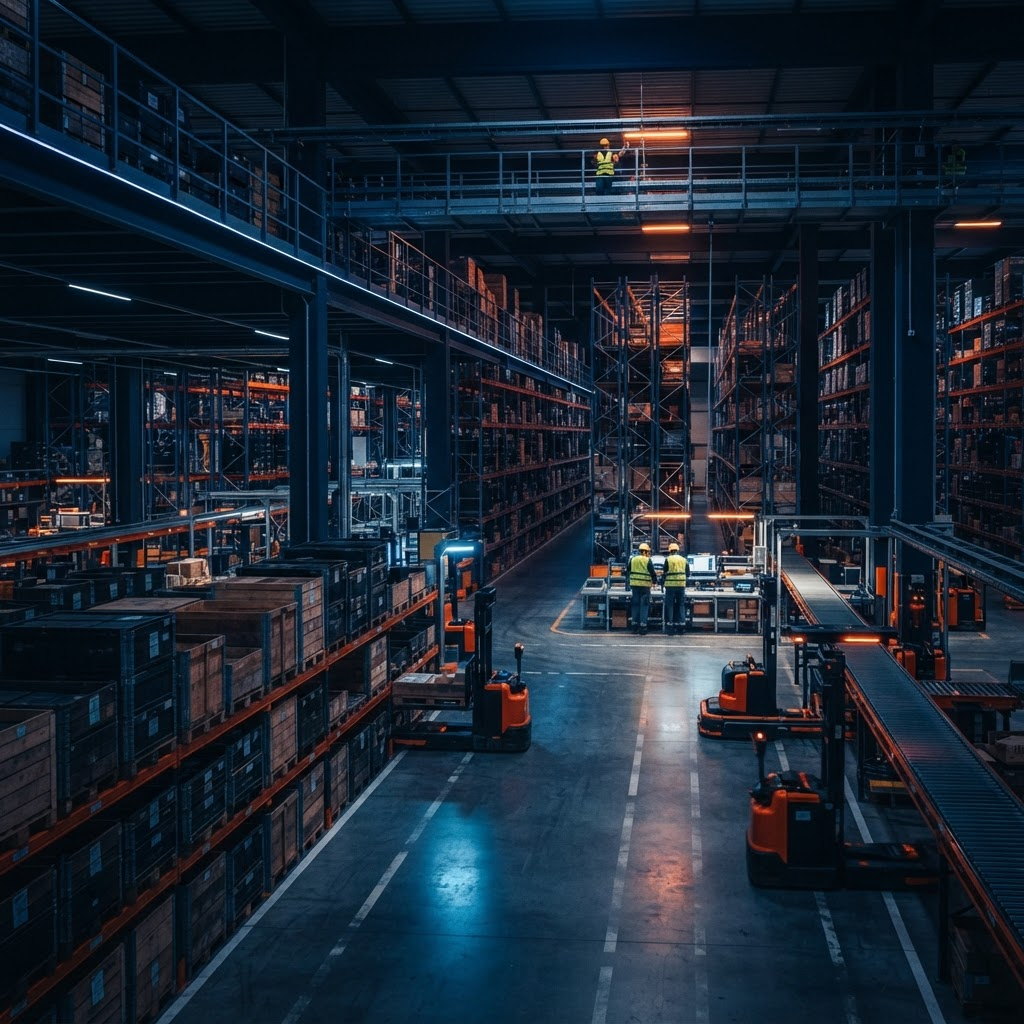 Meridian automated warehouse with organized shelving and crates